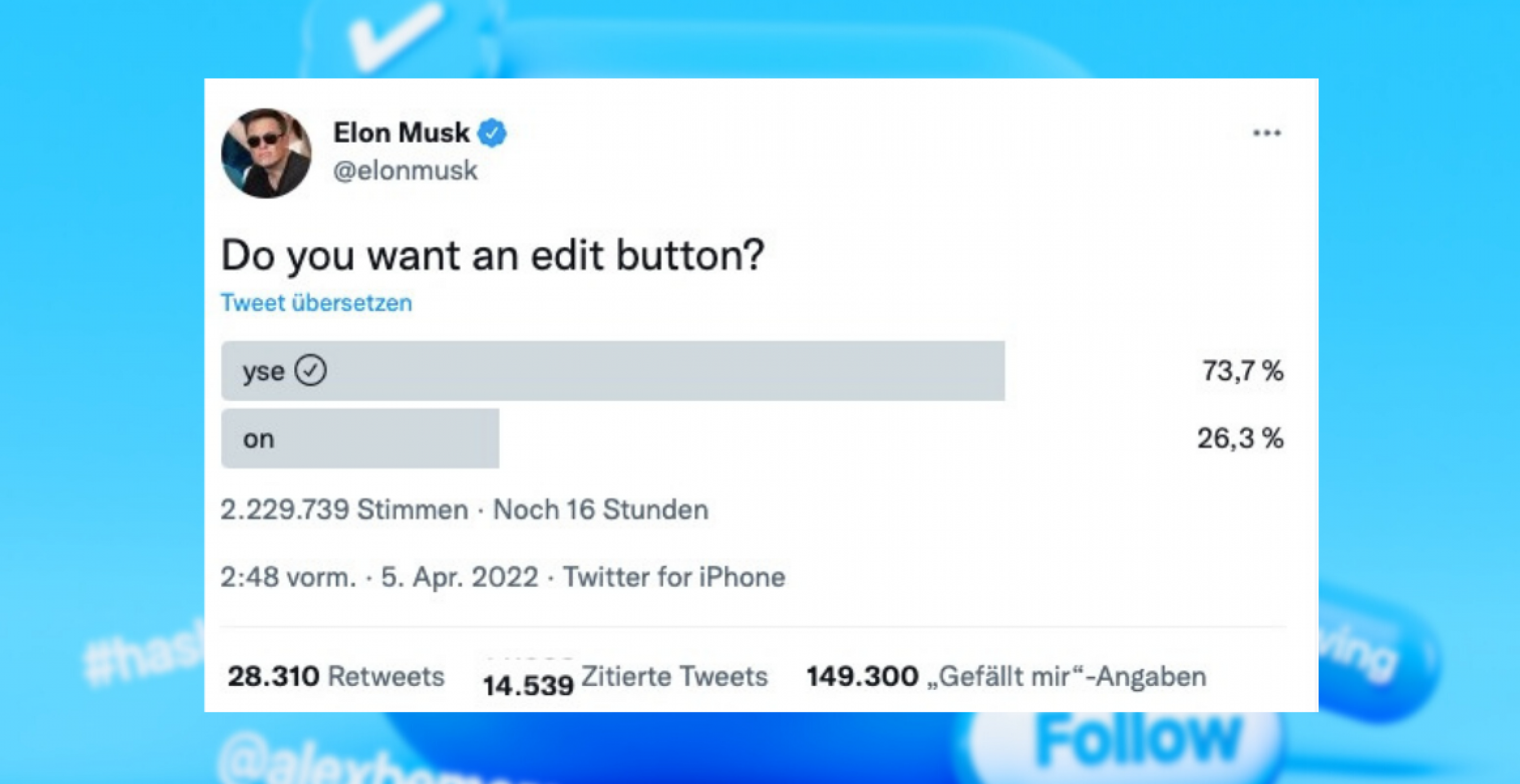 Elon Musk kauft Twitter-Aktien und startet Umfrage zur Editierfunktion